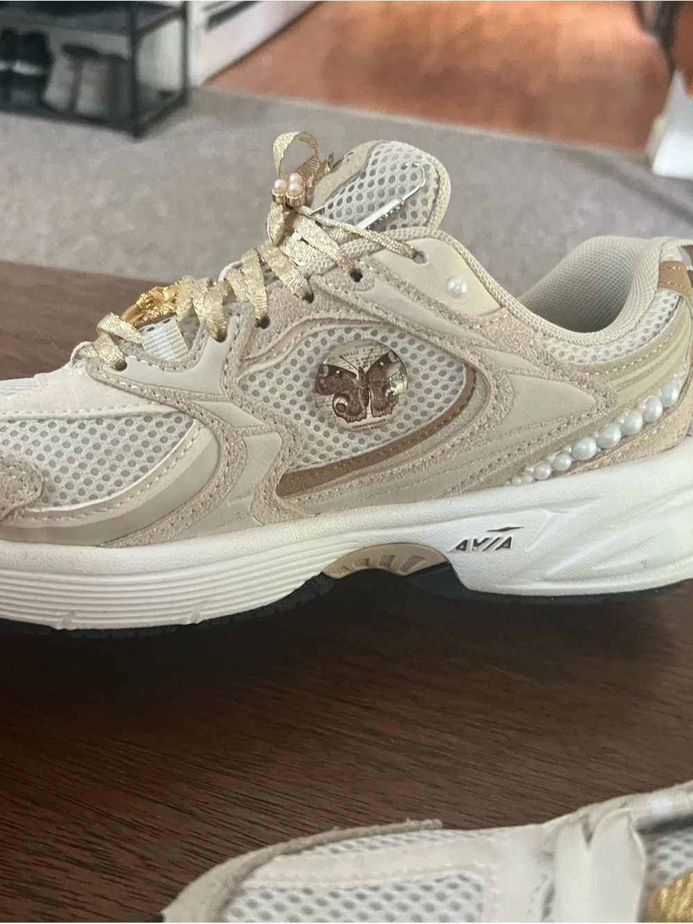 Custom designed Avia Women's Cream and Gold Sneakers